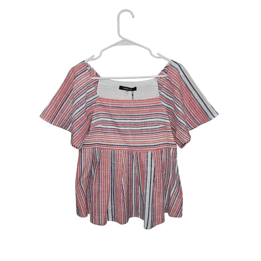 NWT SUGAR LIPS Striped Cotton Square Neck Peasant Babydoll Top Size XS Red/Blue